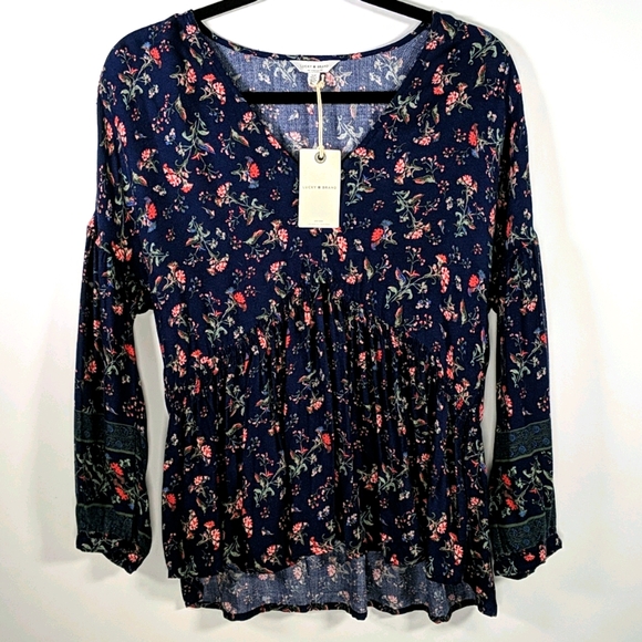 NWT Lucky Brand floral navy long-sleeve top - Picture 1 of 9